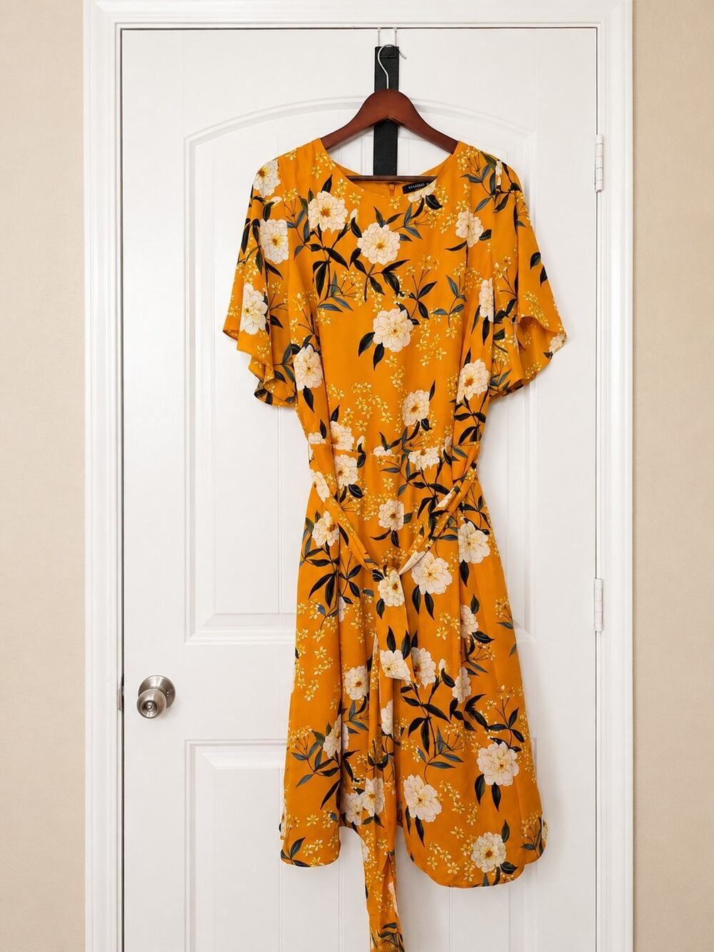 Rachel Roy 2X Orange Floral Midi Dress Flutter Sleeve Tie Waist Wedding Guest